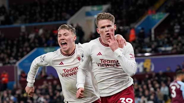 Goalscorers Rasmus Hojlund (left) and Scott McTominay pictured celebrating during Manchester United's 2-1 win at Aston Villa in February 2024